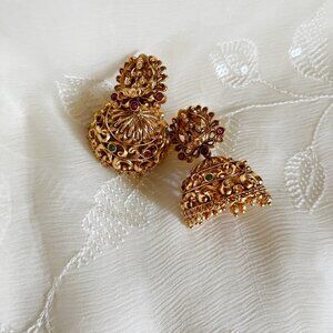 Gold Lakshmi Jhumkas bell earrings temple jewelry bharatanatyam wedding
